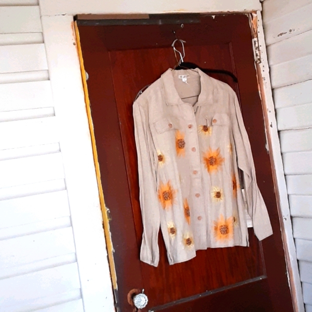 Murli button down jacket in linen blend sunflowers